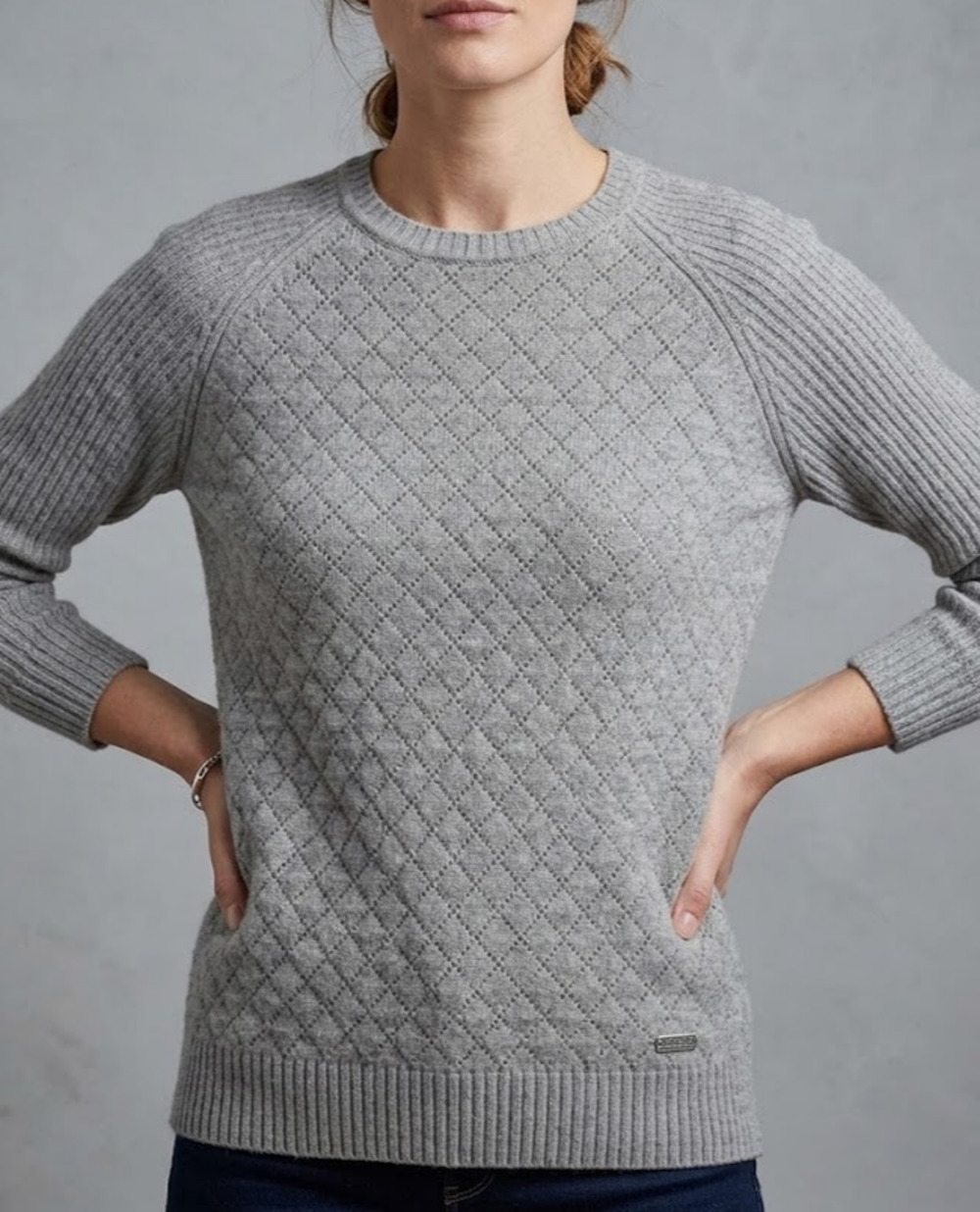 Barbour International Juno Sweater Womens UK 10 US 6 Gray Lambswool Diamond Knit